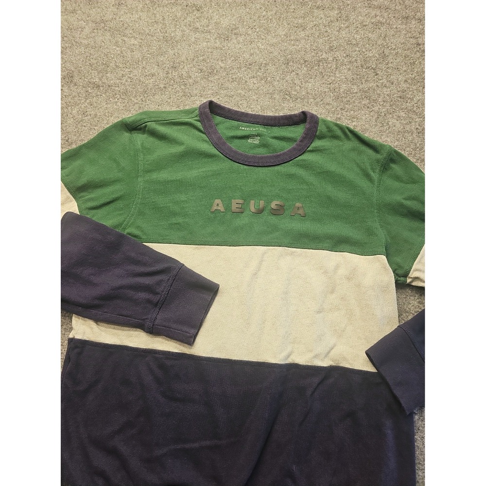 American Eagle "Mens Large" Blue Green Striped Pullover Sweatshirt Crewneck